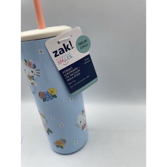 Zak Designs Hello Kitty 16oz Insulated Tumbler W/ Straw & Lid Blue Floral NEW - Picture 6 of 7